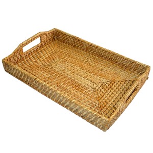 Hand-Woven Rectangular Rattan Serving <b>Tray</b> with Leather Handles Wicker Coffee <b>Table</b> Organizer for Home Decor In Good Price - Product Image 5