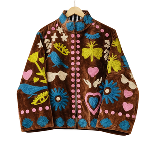 Chaqueta de terciopelo bordada a mano para mujer, estilo bohemio étnico, cuello alto, prenda exterior. - Product Image 1
