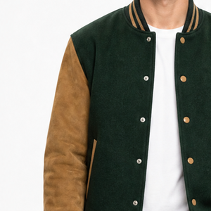 Veste universitaire pour homme de qualité supérieure, vert foncé, manches marron clair, bordure côtelée rayée, veste unie, couleur contrastée, veste décontractée - Product Image 3
