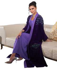 Vestido de Noche Formal Largo de Gasa Morada para Mujer Awais House con Bordado de Cuentas, Mangas Largas y Chaqueta, Cintura Natural - Product Image 3