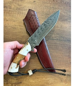 A&M Enterprises Handmade Damascus Steel Hunting <b>Knife</b> <b>Bone</b> and Wood <b>Handle</b> and Leather Sheath Survival Utility Camping <b>Knives</b> - Product Image 1