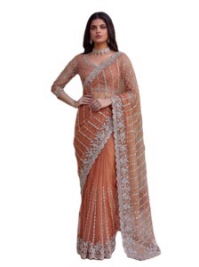 Sari de designer RN, magnifique sari en tulle marron avec broderies argentées et perles, longueur ras du sol, pour mariage et soirée, style Bollywood pour femme - Product Image 3