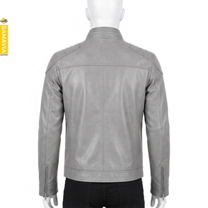 SAMAVIA <b>Men's</b> PU <b>Leather</b> Canvas Moto <b>Jacket</b> Stand Collar Zipper Closure Gray Slim Fit Biker Style Autumn Wear Quick Dry - Product Image 3