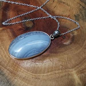 Pendentif ovale en agate bleue naturelle, serti en argent sterling 925, fait main, breloque en agate rayée, bijoux en gros - Product Image 3