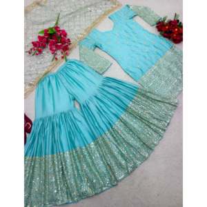 Ensemble de vêtements de soirée pour femmes de créateur avec haut brodé Sarara Dupatta - Product Image 1