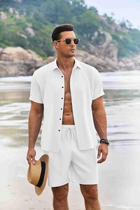 Tenues de plage d'été pour hommes, ensembles de chemises à manches courtes et shorts en lin texturé pour les vacances - Product Image 4