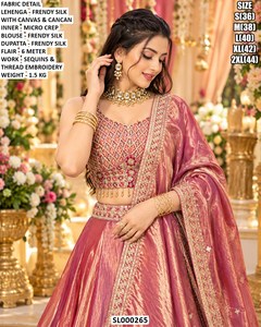 Lehenga Choli de seda rosa para mujer con lentejuelas y bordado de hilo, Dupatta para boda - Product Image 1