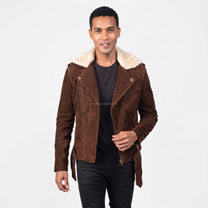 <b>Men's</b> Brown <b>Suede</b> Motorcycle <b>Jacket</b> With Faux Fur Lining Zipper Closure Winter Outerwear Leather Fashion - Product Image 4