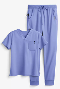 Women's V Neck <b>Scrub</b> Set Hospital Uniform Blue Polyester Woven Pants Top Set - Product Image 3