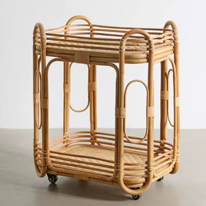 Rattan drink cart <b>trolleys</b> custom different design food carts natural wooden <b>serving</b> <b>trolley</b> - Product Image 4