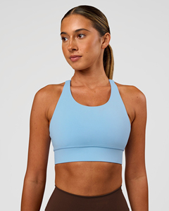 Sujetador deportivo halter sin costuras azul claro para mujer, cuello redondo, soporte medio, top de yoga y entrenamiento, color sólido, transpirable - Product Image 1