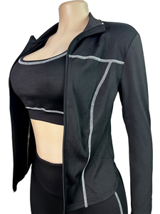 Premium Women's Seamless Yoga Set 3 Piece Nylon Spandex Fitness Leggings <b>Bra</b> Jacket Halter Neck Four-Way Stretch Eco-Friendly - Product Image 6