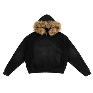 Blouson Bomber d'Hiver Noir pour Homme avec Capuche en Fourrure, Fermeture Éclair Intégrale, Style Urbain Décontracté, Sweat à Capuche Épais avec Fermeture Éclair - Product Image 1