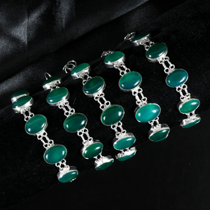 Handmade 925 Sterling Silver Plated Green Chalcedony / Green Onyx Gemstone Multi-<b>Stone</b> Oval Link <b>Bracelet</b> Opaque <b>Stone</b> Jewelry - Product Image 1