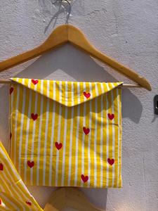 Women Cotton Pajama <b>Set</b> Yellow Stripe Heart Print Nightwear With Pouch Button Down Sleepwear Soft Breathable <b>Lounge</b> <b>Set</b> - Product Image 3