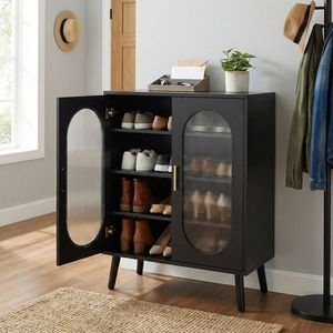 Zapatero de 2 puertas con patas altas, 4 niveles de estanterías internas, tira de luz LED USB, iluminación ajustable de 24 teclas, estanterías para zapatos parcialmente ensambladas - Product Image 4