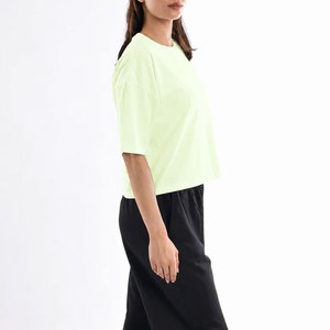 Camiseta sin costuras para mujer, top de gimnasio, ropa deportiva al por mayor, hombros caídos, manga corta, elástica, 100% algodón, jersey, color liso - Product Image 1