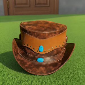 Chapeau haut-de-forme en cuir marron fait main de qualité supérieure, personnalisé, avec pierres turquoise, style steampunk, western, gothique, festival - Product Image 4