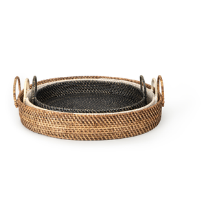 Plateau rond plat en rotin tressé à la main, écologique et rétro, 3 pièces de couleurs différentes pour servir thé et fruits, à prix avantageux - Product Image 1