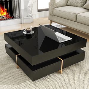 On TREND Modern High Gloss 4-Drawer <b>Coffee</b> <b>Table</b> Square Cocktail Tea Wood Grain <b>Legs</b> Center <b>Table</b> with Multi-Storage - Product Image 2