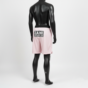 Shorts de baño de malla de poliéster de alta calidad, color rosa suave, panel de cintura negro, logotipo personalizado con transferencia térmica, secado rápido, shorts de malla para hombre - Product Image 4