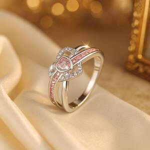 Bague de fiançailles romantique en moissanite rose en forme de cœur, style double halo en argent 925, pour les amoureux - Product Image 4