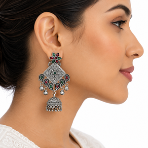 Large Quantity Brass Oxidized Silver Ethnic Indian Bollywood Jhumka Antique Pear Cut Bezel Setting <b>Crystal</b> <b>Studded</b> Women's - Product Image 2