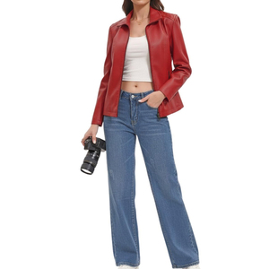 Chaqueta de Cuero Informal de la Mejor Calidad para Mujer, Talla Regular, Cierre Frontal, Cuello Alto, Manga Larga, Transpirable, Color Sólido - Product Image 3