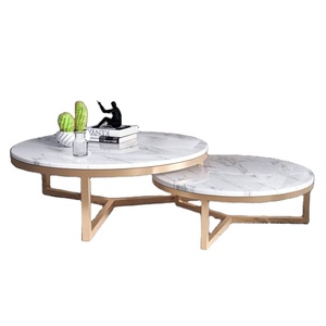 Table basse ronde en marbre élégante couleur dorée avec pieds en métal pour salon meubles de salle d'emballage ensemble de Table centrale moderne 2 pièces - Product Image 1