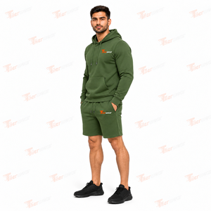 Conjunto de Sudadera con Capucha y Pantalones Cortos para Hombre, Verde, Algodón, Felpa Francesa, Informal, Deportivo, para Entrenamiento, Ropa de Verano - Product Image 2