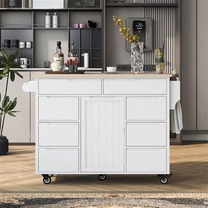 Carrello da Cucina Moderno con Piano in Legno di Gomma, 8 Cassetti Estraibili e Organizzatore per Posate, 5 Cassetti Estraibili Inclusi - Product Image 2