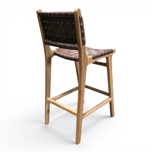 Silla de Barra Moderna Nórdica de Madera de Teca Premium con Asiento de Cuero Tejido para Cocina, Isla, Restaurante, Cafetería, Hotel - Product Image 2