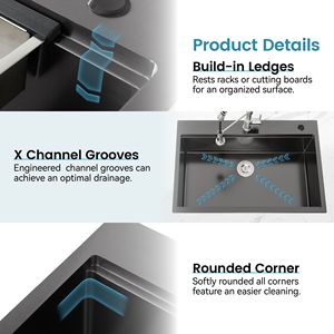อ่างล้างจานสแตนเลสแบบติดตั้งบนเคาน์เตอร์ ขนาด 33x22 นิ้ว แบบอ่างเดี่ยว พร้อมเขียงและตะแกรง สีดำ แบบติดตั้งบนเคาน์เตอร์ ไม่สามารถจัดส่งได้ - Product Image 2