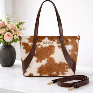 Bolso Tote de Cuero Genuino con Pelo de Vaca, Bordado, Color Sólido, Cierre de Cremallera, Personalizable, LHTB-0030C, Venta al Por Mayor - Product Image 1