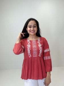 <b>Red</b> Viscose Embroidered Organza Peplum Top for Women V-neck Tassel Casual Ethnic Boho Summer <b>Blouse</b> Wholesale Wear - Product Image 1