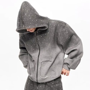 Sudadera con capucha para hombre, de algodón 100%, con cremallera, estilo urbano, con efecto desgastado y rotos, color rosa, con pedrería, OEM ODM - Product Image 5