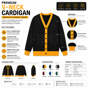 Cárdigan de punto para mujer HMR, acrílico, negro y amarillo, con cuello en V, manga larga, informal, con frente abierto. - Product Image 6