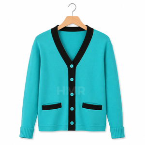 Cardigan en tricot turquoise avec logo personnalisé en acrylique HMR Sisterhood Sorority, bordure noire, col en V, manches longues, haut décontracté - Product Image 5