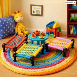 Handmade Modern <b>Stool</b> Colorful Woven Fabric Design Home Living Room Furniture Low Seat Ottoman Bone Inlay Console Ecowoodies - Product Image 2