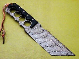 Cuchillo Bowie de Acero de Damasco con Hoja Serrada de Punta Clip y Mango de Asta Natural con Funda de Cuero OEM - Product Image 3