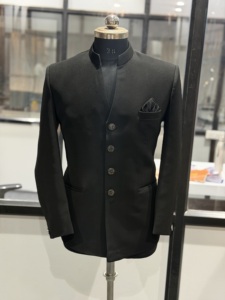 Chaqueta de Traje para Hombre, Negra, Cuello en V, Tallas Grandes, Transpirable, Lana/Seda, Cuello Mao, Estilo Empresarial, Abotonadura Sencilla, Tejido de Lana Peinada - Product Image 1