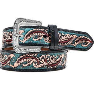 High Quality Hand Tooled Western <b>Leather</b> Handcrafted <b>Belt</b> <b>Men's</b> Gift with Designer Floral Engraved Buckle Wholesale Manufacturer - Product Image 1