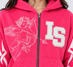 Sweat à capuche zippé personnalisé pour femme, en polaire oversize, style streetwear, avec strass, décontracté - Product Image 4