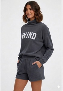 Women's Casual Mock Neck and Shorts <b>Set</b> Fleece Cotton Material Breathable Eco-Friendly Winter Wear - Product Image 4