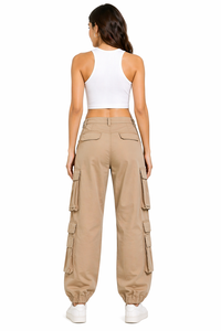 Pantalones Cargo Beige Multibolsillos para Mujer, Cintura Alta, Corte Relajado, Estilo Jogger Ajustado, Mezcla de Algodón - Product Image 3