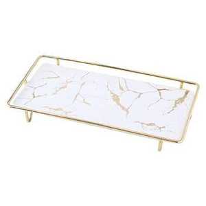 Modern Rectangle White Marble Pattern Serving Tray <b>Gold</b> Metal Wire <b>Frame</b> Handles Luxury Vanity Jewelry Organizer Platter Food - Product Image 1