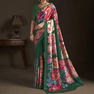 Sari de Seda Crepé con Estampado Digital, Diseño Floral, Blusa Cosida, Atuendo Indio Perfecto - Product Image 1