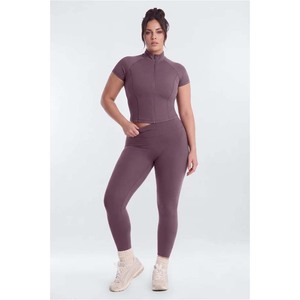 <b>Women</b> Yoga Set <b>Short</b> Sleeve Crew Neck Top High Waist Full Length <b>Leggings</b> Solid Color 2 Piece Workout Outfit - Product Image 6