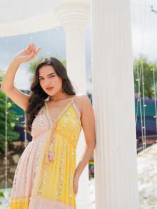 Vestido Midi Bohemio Ombre Amarillo y Rosa, Manga 3/4, Ligero, Fluido, Estampado Floral Digital, 100% Algodón, Vestido de Verano para Vacaciones - Product Image 3