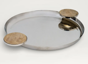 Mirror Finish Solid Metal Luxury <b>Serving</b> Tray Round <b>Buffet</b> <b>Platter</b> with Wooden Handles for Restaurant Catering Decor - Product Image 3